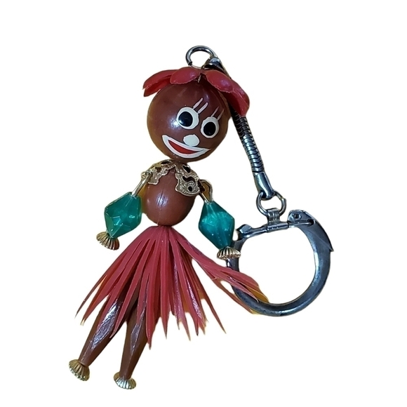 Vintage key Fob Hula Dancer Keychain Keyring beaded handmade - Picture 3 of 4